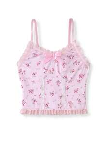Áo hai dây kiểu dáng dễ thương, họa tiết hoa nhí, điểm nhấn nơ, phối ren, dáng croptop, phong cách búp bê Kawaii dành cho tuổi teen. - Hồng - Xem 1