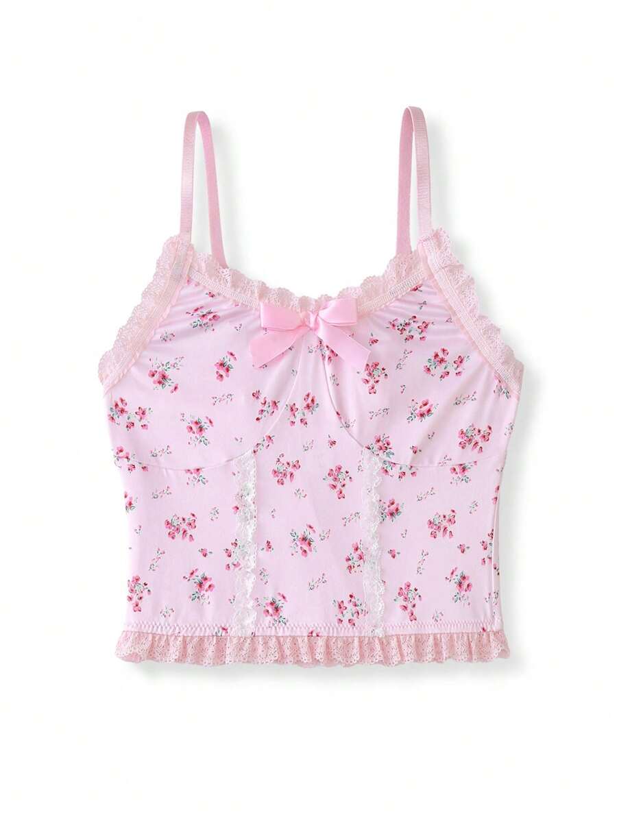 Áo hai dây kiểu dáng dễ thương, họa tiết hoa nhí, điểm nhấn nơ, phối ren, dáng croptop, phong cách búp bê Kawaii dành cho tuổi teen. - Hồng - Xem 1