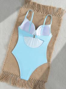 Voyashape 1pc Women's Sexy Molded Cup Waist Ruched Slimming Swimsuit With Shell Strap Decor, For Vacation For Summer - Baby Blue - View 6