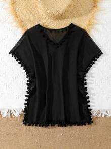 SHEIN Young Girl Solid V-Neck Short Sleeve Bubble Trim Overlay Dress Girls Swimsuit With Coverup Kids Swimsuit Cover Up Black Bathing Suit Kids Black Girls Swimsuit Coverup Kids Black Swimsuit Cover Up - Black - View 3