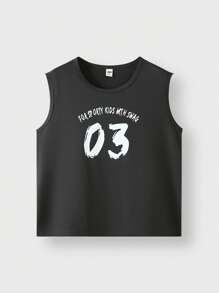 JNSQ Parte superior deportiva casual al aire libre para volver a la escuela, camiseta sin mangas con estampado de letras divertidas de cuello redondo para niño preadolescente - Negro - Ver 5