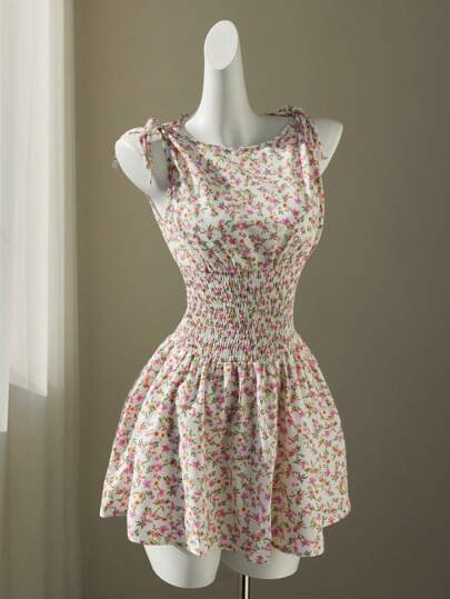 Elamini Vestido de verano ajustado sin mangas con estampado floral pequeño y atadura en la cintura
