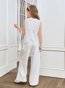 SHEIN Tween Girls Commuter Casual Jacquard Sleeveless Crew Neck Top And Straight Leg Pants Set