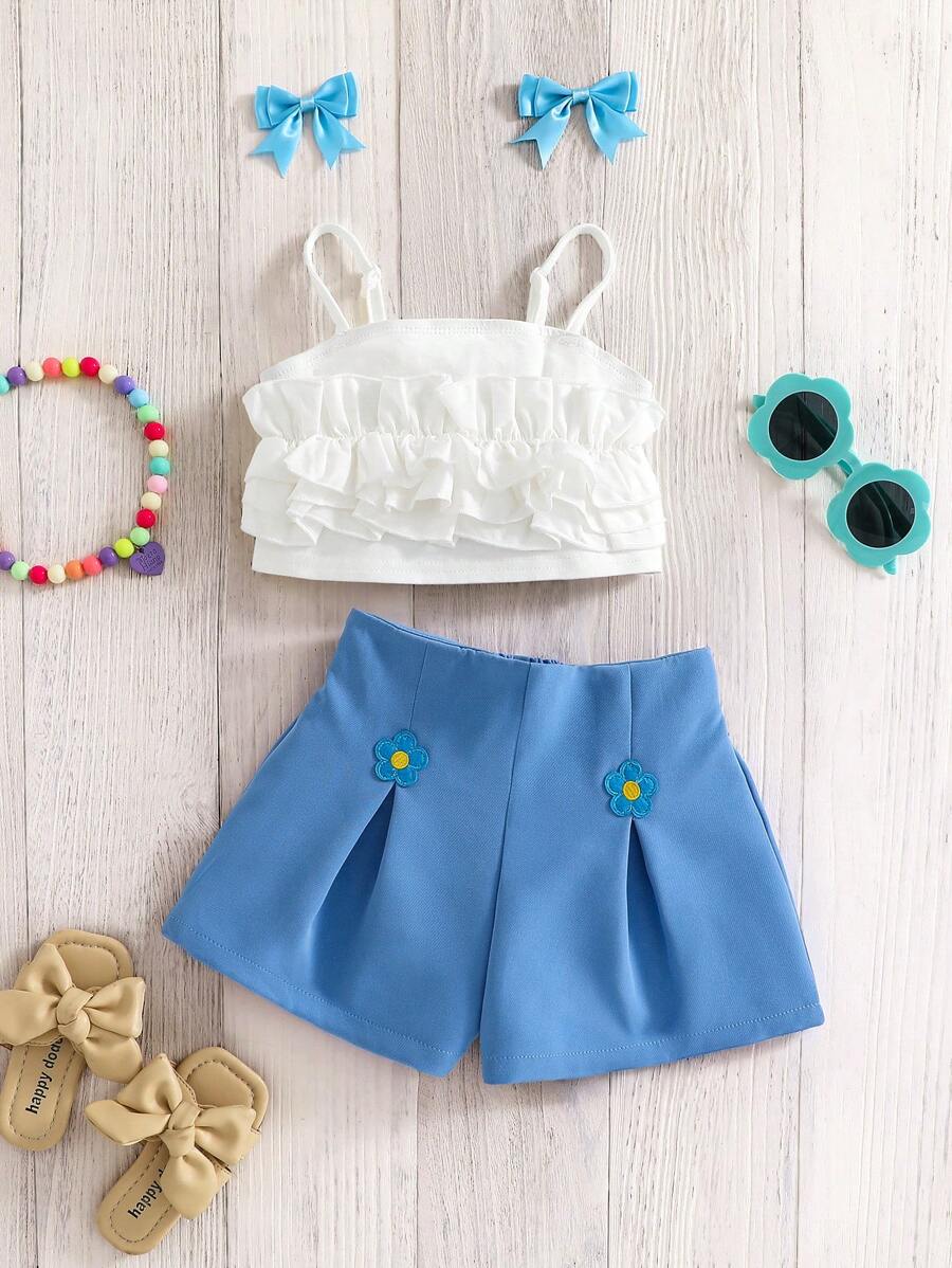 SHEIN 2pcs/Set Young Girls Casual Simple Comfortable Spaghetti Strap Ruffle Hem Camisole & Shorts Set With Floral Decor - Blue and White - View 1