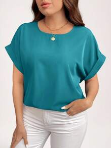 SHEIN LUNE Plus Size Women Solid Color Bat Sleeve Casual Blouse Summer - Mint Blue - View 6