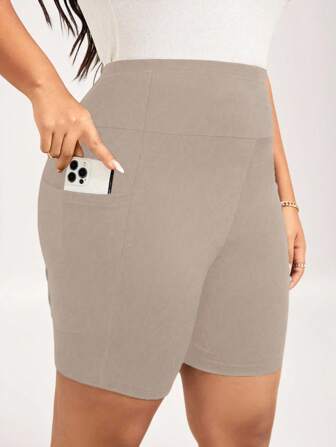 SHEIN LUNE Plus Size High Waist Basic Casual Sports Black Short Bike/Leggings Simple & Fashionable Summer