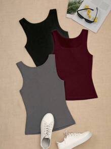 SHEIN PETITE 女士夏季方领休闲纯色上衣组合图案T恤女式上衣 - 彩色 - 查看 2