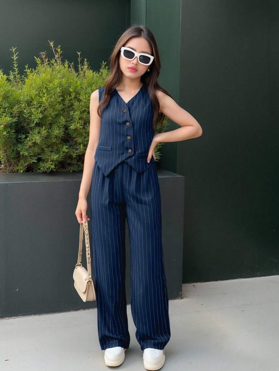 SHEIN 2件套青少年女孩休闲正装条纹背心和裤子套装 - 藍色 - 查看 1