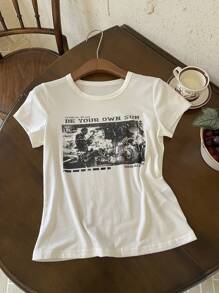 SHEIN EZwear Damen Y2K 90er Jahre Vintage T-Shirt mit Gitarren-Grafik und Spruch, kurz geschnitten