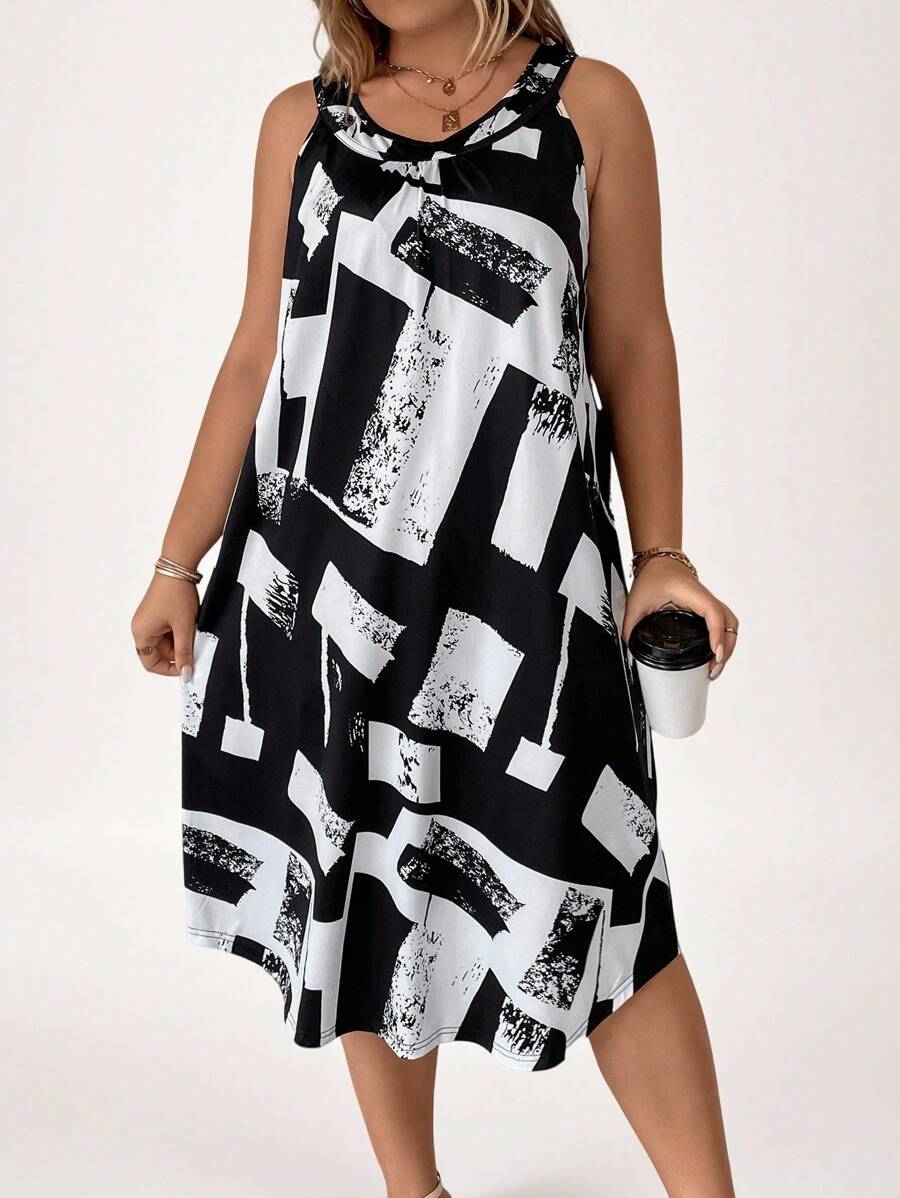 SHEIN LUNE Plus Geo Print Tank Dress, Summer - Black and White - View 1