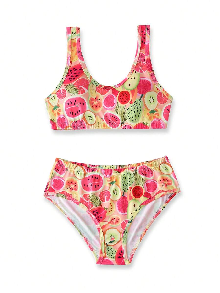 Set de 2 piezas de ropa interior cómoda y linda con estampado de frutas tropicales para adolescentes chicas - Multicolor - Ver 1