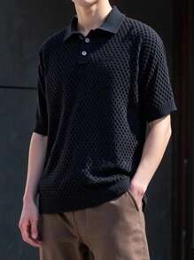 SHEIN 青少年男孩休闲纯色纹理 Polo 领短袖针织衬衫，百搭舒适，适合通勤、上学、日常生活、度假、运动、春夏季 - 黑色 - 查看 1