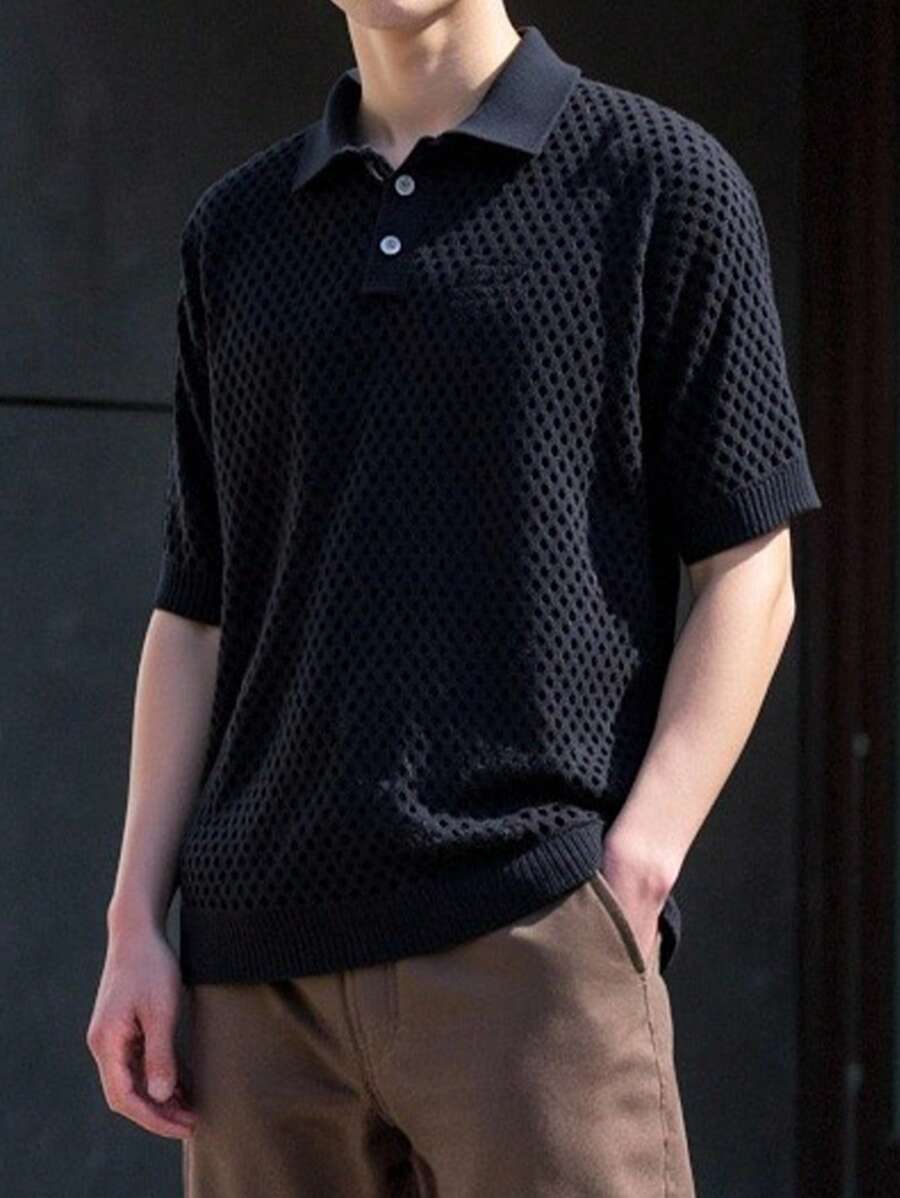 SHEIN 青少年男孩休闲纯色纹理 Polo 领短袖针织衬衫,百搭舒适,适合通勤、上学、日常生活、度假、运动、春夏季 - 黑色 - 查看 1