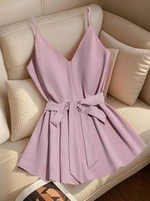 Franclia 夏季粉色V领吊带背心，浪漫休闲，腰带系带，简约都市优雅度假风吊带上衣