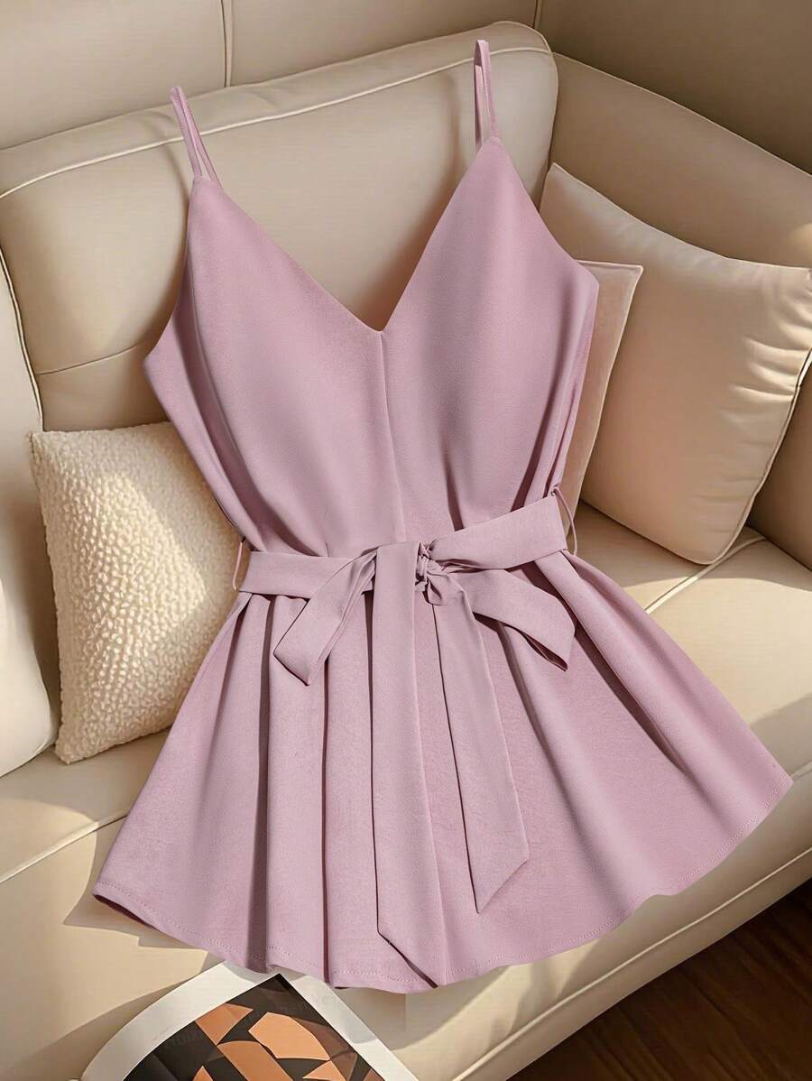 Franclia 夏季粉色V领吊带背心，浪漫休闲，腰带系带，简约都市优雅度假风吊带上衣