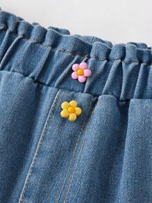 SHEIN 2件套青少年女孩休闲舒适彼得潘领无袖荷叶边衬衫和牛仔裤套装 - 粉色 - 查看 7