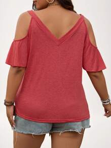 SHEIN LUNE Fashionable Solid Color Off-Shoulder T-Shirt For Plus-Size Women - Red - View 2
