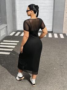 SHEIN EZwear Kích thước lớn Của phụ nữ Vòng cổ Mảnh lưới Ngắn tay Đầm Với Khối màu Thiết kế - màu đen - Xem 2