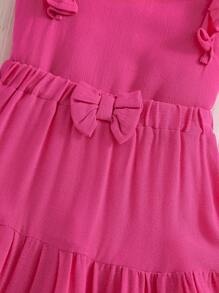 SHEIN Young Girl Casual Simple Comfortable Round Neck Ruffle Hem Vest And Mini Skirt 2 Pieces Set - Hot Pink - View 4