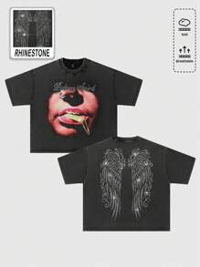 ROMWE MEN Street Life 男士宽松水洗人物短款 T 恤，闪闪发光的钻石印花，Rave 图案 T 恤 - 黑色 - 查看 1