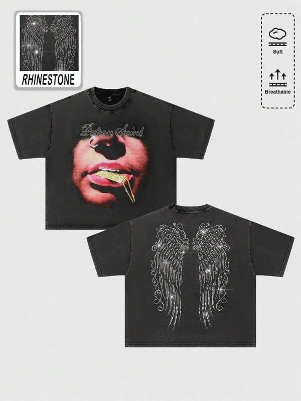 ROMWE MEN Street Life 男士宽松水洗人物短款 T 恤，闪闪发光的钻石印花，Rave 图案 T 恤