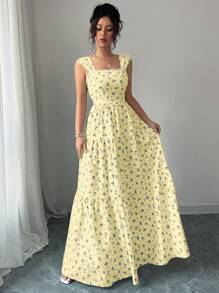 Selianne 女式束腰花卉印花无袖花卉连衣裙，优雅度假休闲通勤百搭风格婚纱长裙春夏季超长连衣裙，演唱会女装，优雅适合日常通勤、音乐节、节日装/音乐节/德比裙 - 淡黃色 - 查看 6