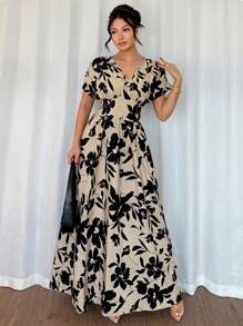 Elenzga Robe longue à encolure en V, taille cintrée, imprimé floral valorisant pour les femmes, printemps/été. Élégante pour les saisons printemps/été/automne/hiver. Vêtements pour femmes pour les concerts, élégants, robes de soirée. Convient pour le quotidien, les trajets, les saisons de mariage/festivals de musique. - Tabac - Voir 3