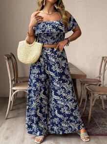 SHEIN PETITE Set de 2 piezas compuesto por top corto de hombros descubiertos con volantes y pantalones palazzo de cintura elástica con estampado floral, estilo bohemio perfecto para vacaciones, look elegante y juvenil para uso diario, citas, primavera/verano