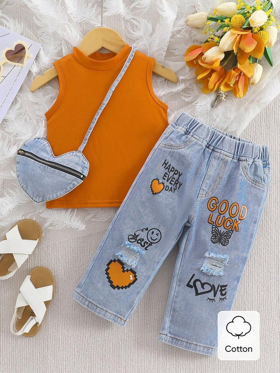SHEIN 女婴夏季休闲纯色圆领上衣和破洞牛仔裤套装 - 彩色 - 查看 1