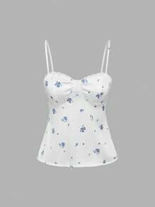 SHEIN MOD 女士碎花褶皱度假吊带背心，返校季、夏季、度假、海滩、浪漫约会、Y2K风格、毕业典礼、婚礼、返校季、甜美浪漫乡村风上衣 - 白色 - 查看 1