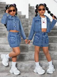 SHEIN 2 件套 Tween 女童 Y2k 水洗卡其色牛仔翻领长袖短款夹克和牛仔迷你工装裙套装，适合女童街头装和日常穿着