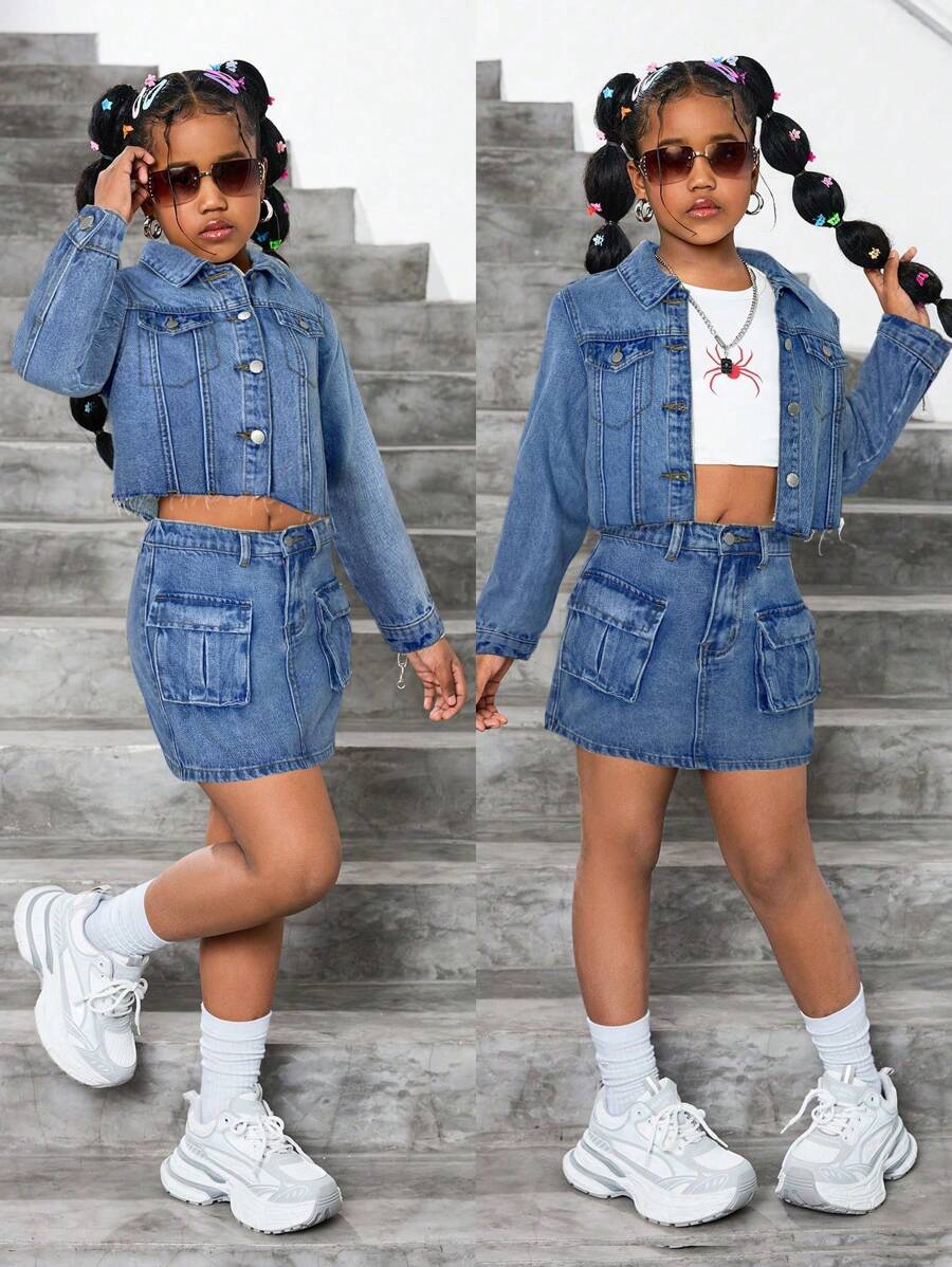 SHEIN 2 件套 Tween 女童 Y2k 水洗卡其色牛仔翻领长袖短款夹克和牛仔迷你工装裙套装，适合女童街头装和日常穿着