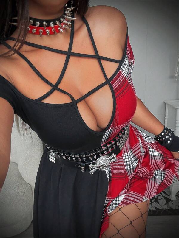 Whyspr Grunge Punk Rave/Coachella Plus Size WomenBlack & Red Plaid Color Block Off-Shoulder V Neck Ruched A-Line Patchwork Dress