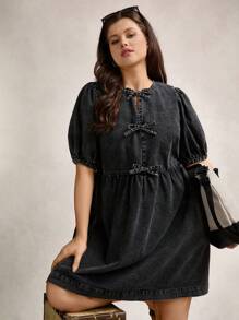 Zelara 大码领口蝴蝶结口袋洗水连衣裙