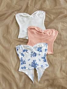 Soleia 女士假期：1 套蓝色花卉印花和纯色抹胸上衣 - 彩色 - 查看 2