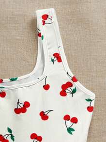 SHEIN EZwear 女士休闲 U 领无袖樱桃印花荷叶边迷你连衣裙（带衬里），适合夏季 - 彩色 - 查看 3