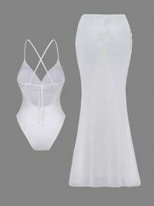 Swim Oasis Conjunto de traje de baño de 2 piezas para mujer con parte superior de tirantes finos con espalda cruzada, busto fruncido, falda transparente con volante en el dobladillo y detalles florales