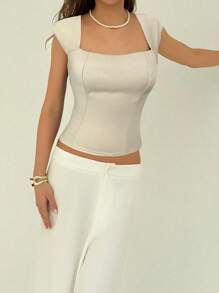 Aloruh 复古方领超低胸性感露脐上衣 - 卡其色 - 查看 6