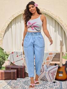 EMERY ROSE Plus Size Women's Pocketed Tapered Fashion Washed Cropped Pants - Light Wash - View 6