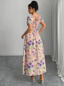 Modelyn Floral Print Raglan Sleeve Elegant Mini Dress, Vacation Style For Women - Dusty Pink - View 2