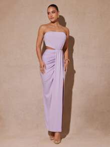 Silquee 女式纯色露肩镂空腰部褶皱侧开衩连衣裙 - 紫色 - 查看 3