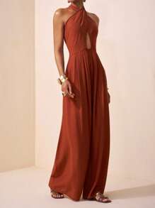 Zivah 2025 Summer New Style For Weddings, Birthday Parties, Daily Travel, Basic And Versatile, Leisure Vacation, Cruise Travel, Beach And Sunbathing, Popular Online Style, Street Style, Elegant Commuting, Business Casual, Deep V-Neck Halter Neck Cross Straps, Sexy Backless Pleated Loose Wide-Leg Pants, Red-Brown Summer Jumpsuit, Women's Jumpsuit - Rust Brown - View 1
