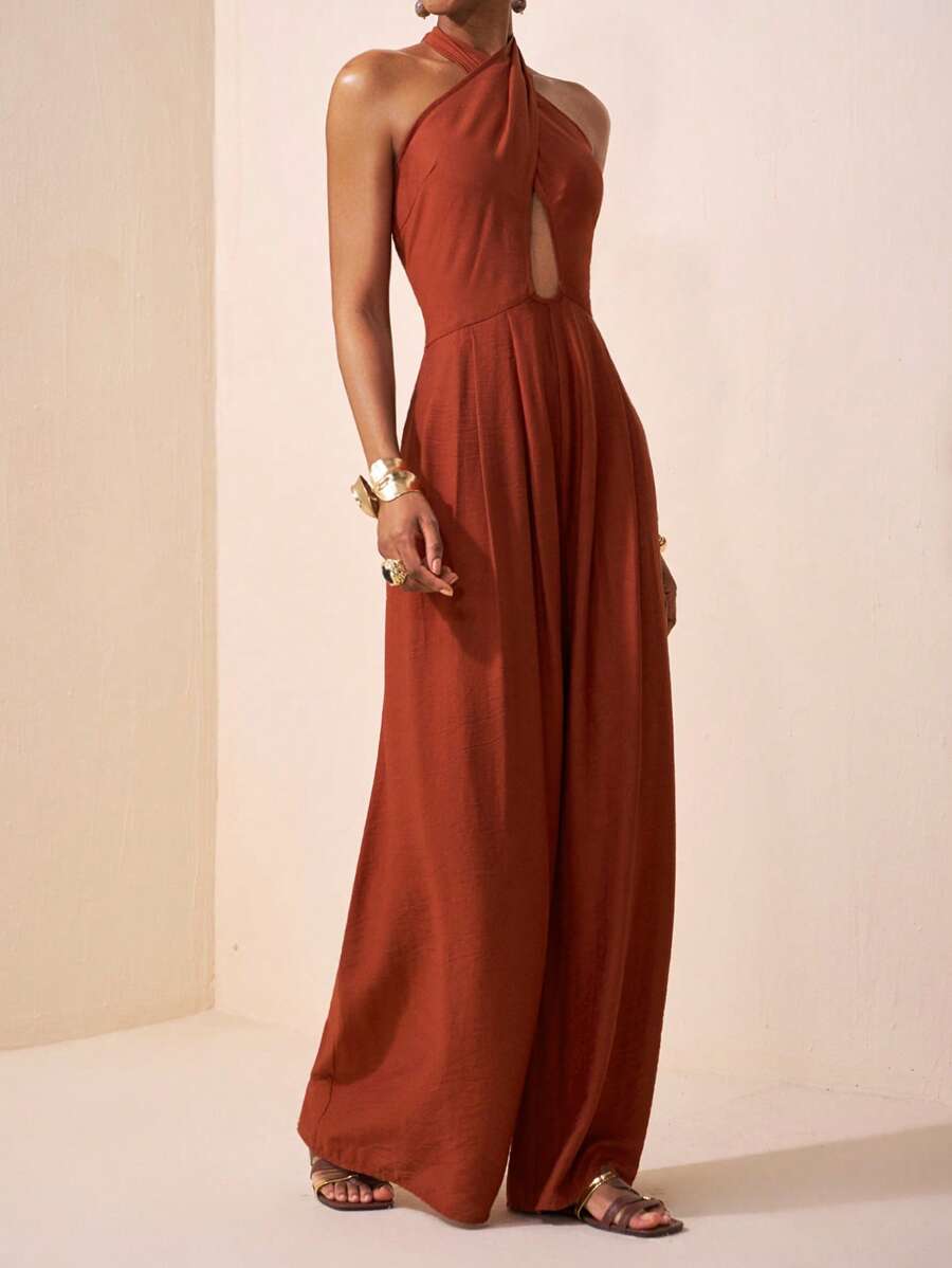 Zivah 2025 Summer New Style For Weddings, Birthday Parties, Daily Travel, Basic And Versatile, Leisure Vacation, Cruise Travel, Beach And Sunbathing, Popular Online Style, Street Style, Elegant Commuting, Business Casual, Deep V-Neck Halter Neck Cross Straps, Sexy Backless Pleated Loose Wide-Leg Pants, Red-Brown Summer Jumpsuit, Women's Jumpsuit - Rust Brown - View 1