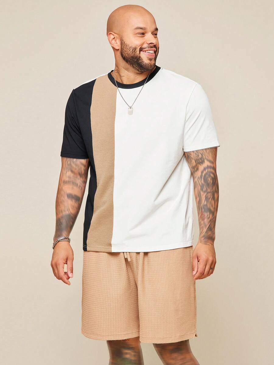 EASEVO 大码男士休闲拼色针织圆领短袖T恤，适合夏季