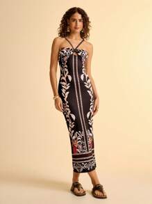 CAJUNI Vacation Casual Tropical Print Black Halter Tie Waist Maxi Bodycon Dress For Women - Black - View 1