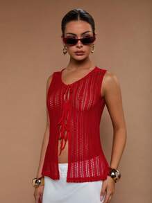COSMINA Women Solid Color Hollow Out Lace-Up Camisole Top - Red - View 6