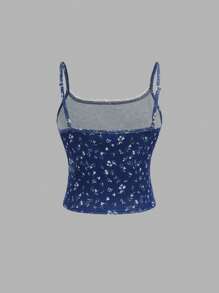 SHEIN Girlism 2pcs Tween Girl Vintage Lace Trim Fitted Tank Top & Color Block Ditsy Floral Printed Shorts Set, Navy Blue Floral Two Piece Set - Navy Blue - View 7