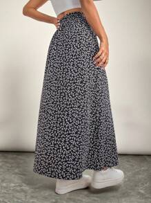 SHEIN VCAY Plus Size Women's Casual Ditsy Floral Elastic Waist Slit Hem Skirt, Autumn