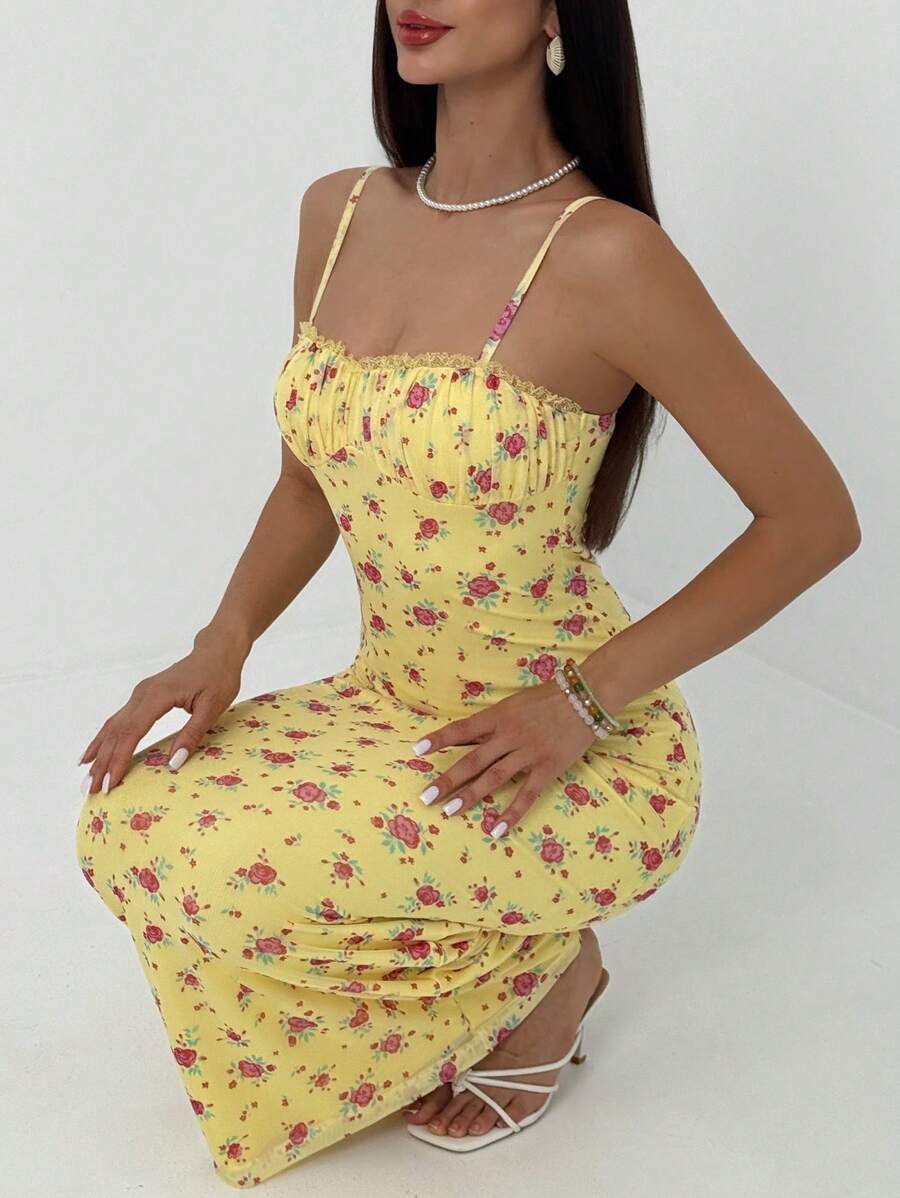 Aloruh 优雅浪漫小黄碎花性感沙滩风修身低胸长款吊带连衣裙 - 黃色 - 查看 1