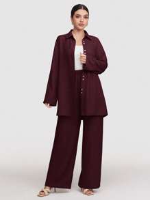 Veilorie 2pcs Women's Solid Color Front Button Up Long Sleeve Casual Top And Long Pants Set Modest - Burgundy - View 6